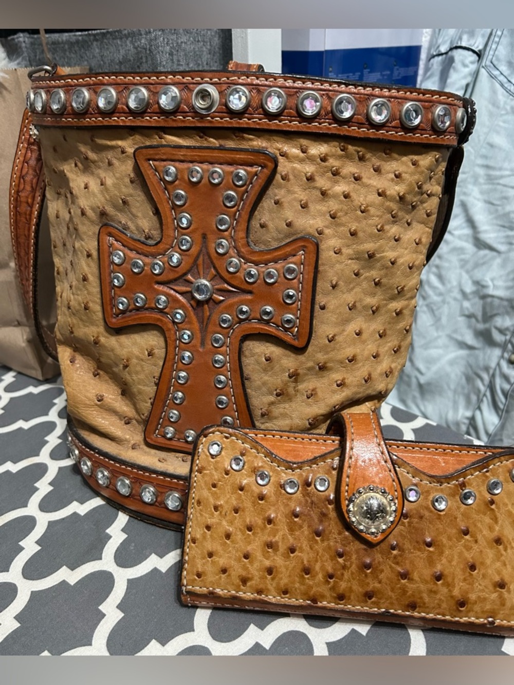 Double J Saddlery Tan Ostrich Bucket Bag with Swarovski Crystal Cross & Wallet
